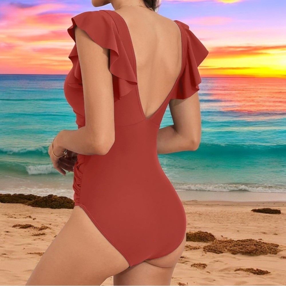 B2prity Ruffle One-piece Swimsuit-Tummy Control, Criss Cross-Red Brown - NWT (M) - Picture 10 of 10